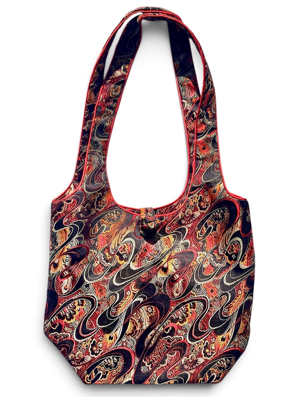 Big Sky Shanghai Brocade Silk Tote Bag Shoulder Purse Red Black Handmade Feather